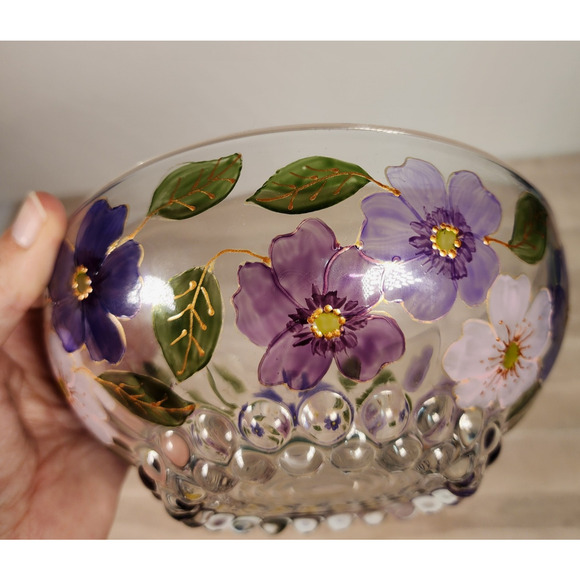 Handpainted Arc France Glass Bowl Purple & Pink Flowers Floral Spring EUC - Picture 8 of 8
